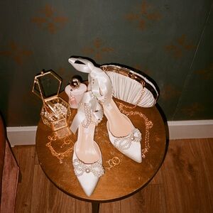 Chic White Pearl-Adorned Women's Heels
